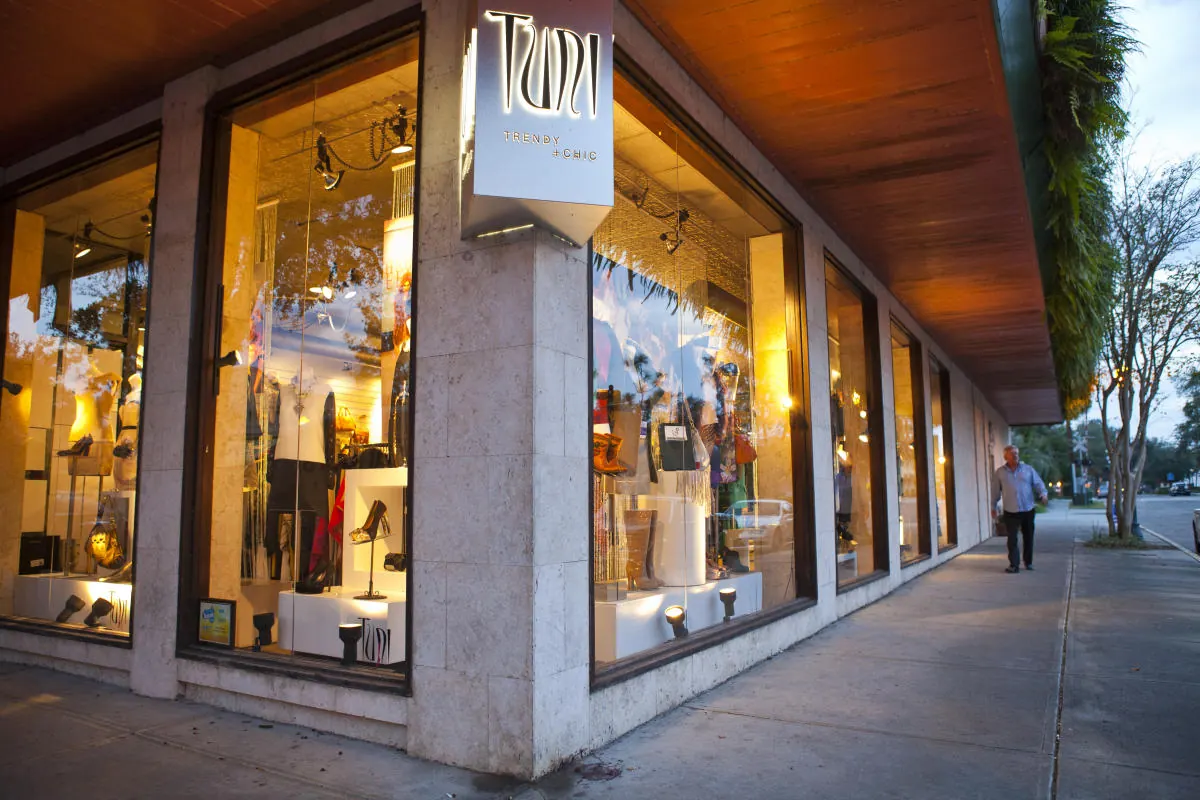 Shops along a walkable Orlando-area shopping street